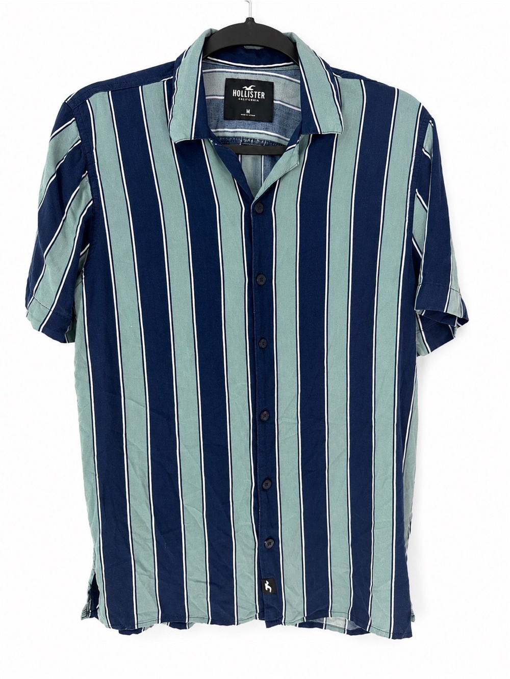 Hollister Men’s Striped Button Down Shirt Navy Blue Green Viscose Coastal M